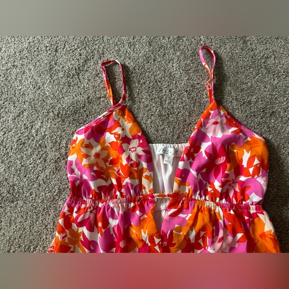 She+Sky Floral Deep V Maxi Dress S Straps Summer Sundress Tangerine & Fuchsia - Picture 7 of 15